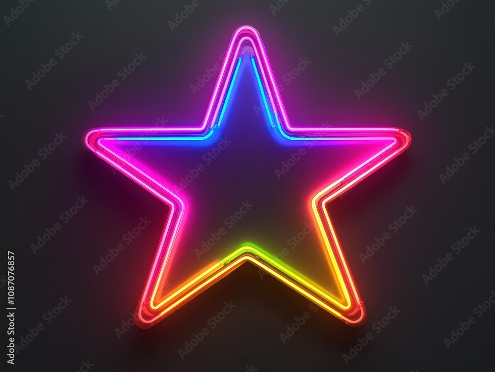 Obraz premium Colorful Neon Star Sign Against Dark Background, Illuminated with Vibrant Shades of Pink, Blue, and Yellow, Perfect for Festive Decoration and Artistic Displays