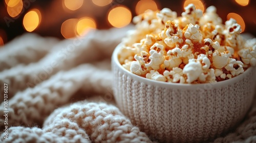 A cozy bowl of popcorn on a soft blanket with warm lights.