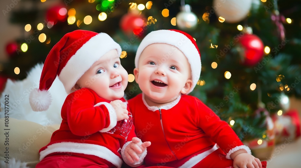 Christmas, babies in Santa costumes with happy smiles near decorated tree, holiday magic and festive celebration. Twins, joy and innocence with bokeh lights for seasonal greeting cards Christmas, babies in Santa costumes with happy smiles near decorated tree, holiday magic and festive celebration. Twins, joy and innocence with bokeh lights for seasonal greeting cards