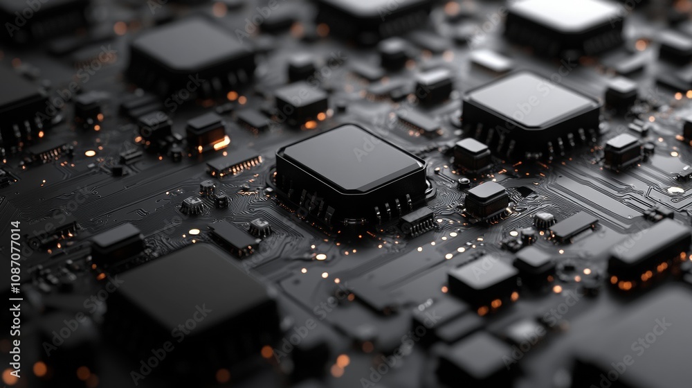 Electronic Circuit Board Close-Up, intricate black and gray chips, detailed technical illustration, showcasing advanced technology design. Electronic Circuit Board Close-Up, intricate black and gray chips, detailed technical illustration, showcasing advanced technology design.
