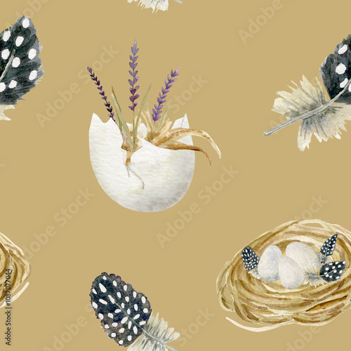 Watercolor seamless pattern with quail feathers eggshell decorated with lavender and nest on beidge photo