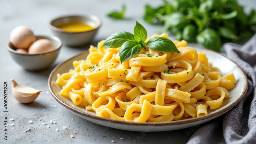 A plate of freshly made mafaldine pasta with a garnish on top, presented against a rustic background. A plate of freshly made mafaldine pasta with a garnish on top, presented against a rustic background.