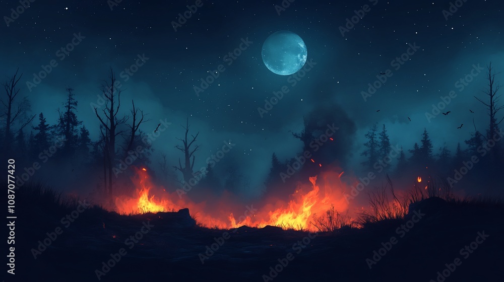 A fiery inferno rages in the forest under the glow of a full moon. A fiery inferno rages in the forest under the glow of a full moon.