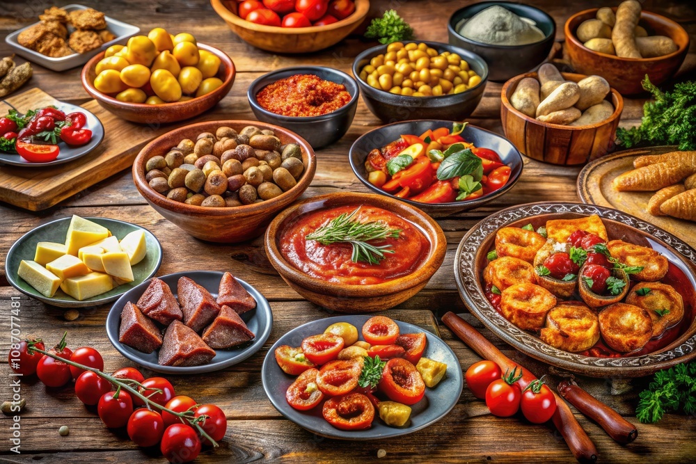 Vibrant and Diverse Spanish Tapas Spread – Appetizers, Delicacies, and Colorful Presentation for Culinary Enthusiasts Vibrant and Diverse Spanish Tapas Spread – Appetizers, Delicacies, and Colorful Presentation for Culinary Enthusiasts