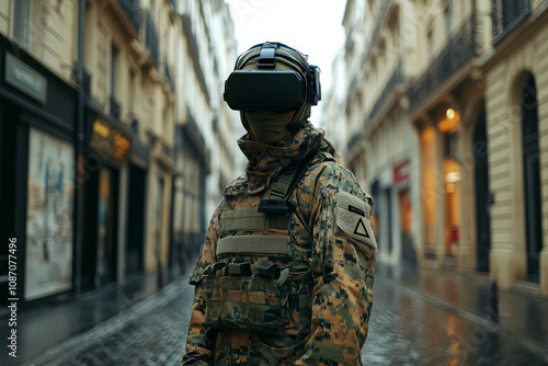 Military soldier drone operator wearing virtual reality headset standing in a city concept illustration.