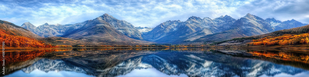 Obraz premium Mirrored Mountain Majesty: A stunning mountain range reflected in pristine lake waters.