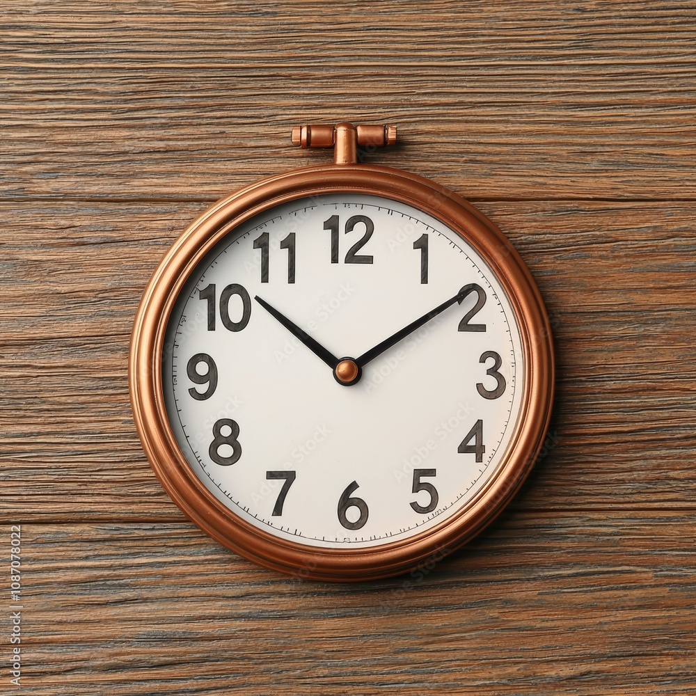 Copper wall clock on wood background showing time. Copper wall clock on wood background showing time.