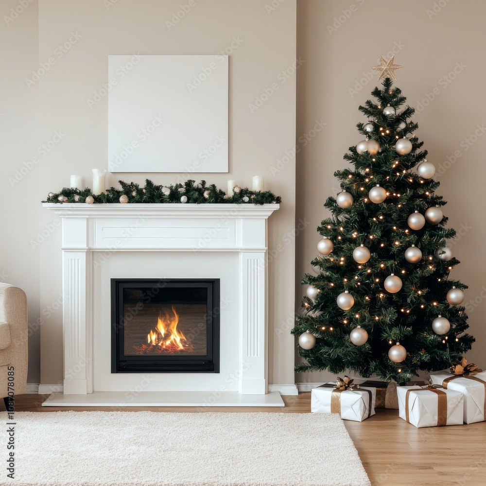 Cozy living room with fireplace, Christmas tree, and gifts. Cozy living room with fireplace, Christmas tree, and gifts.