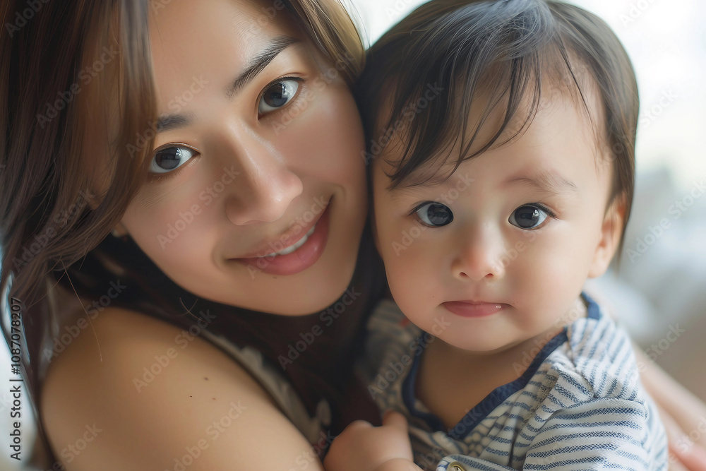 Generative AI Portrait of Smiling Mother Hugging Baby in Nursery Room Generative AI Portrait of Smiling Mother Hugging Baby in Nursery Room