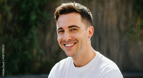 A smiling man wearing a small hoop earring for lifestyle and having short hair