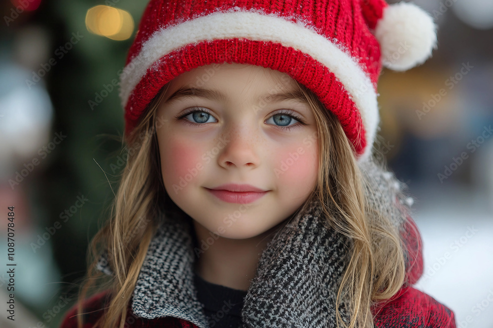 Generative AI image of a smiling girl in a red hat and sweater, celebrating the New Year at school with classmates in festive attire Generative AI image of a smiling girl in a red hat and sweater, celebrating the New Year at school with classmates in festive attire