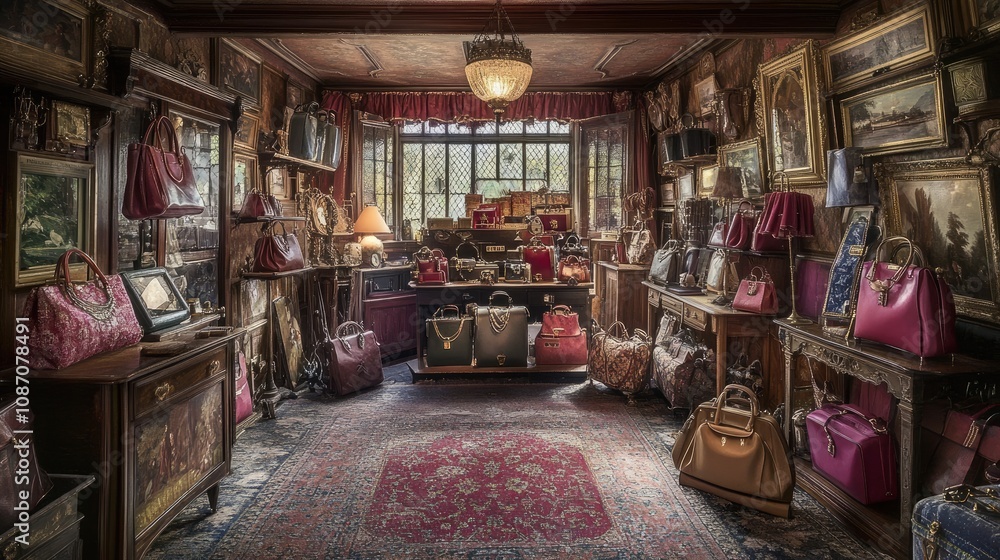 Elegant Boutique Interior Featuring Various Stylish Handbags and Classic Art Decor in a Cozy, Luxurious Setting with Warm Lighting and Vintage Charm Elegant Boutique Interior Featuring Various Stylish Handbags and Classic Art Decor in a Cozy, Luxurious Setting with Warm Lighting and Vintage Charm