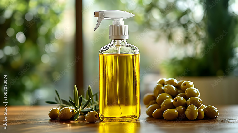 A Clear Glass Bottle of Olive Oil with a White Sprayer Pump, Placed on a Wooden Table With a Sprig of Olive Leaves and a Group of Green Olives A Clear Glass Bottle of Olive Oil with a White Sprayer Pump, Placed on a Wooden Table With a Sprig of Olive Leaves and a Group of Green Olives