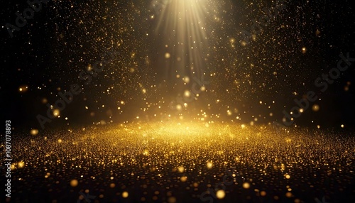 Fond avec effet de particules de lumière dorée flottant dans un brouillard sombre pour une ambiance féerique