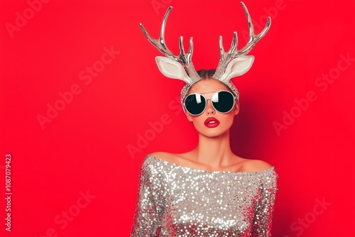 woman with beautiful silver deer antlers, wearing silver sequin dress on a red solid color background for a Christmas party photo