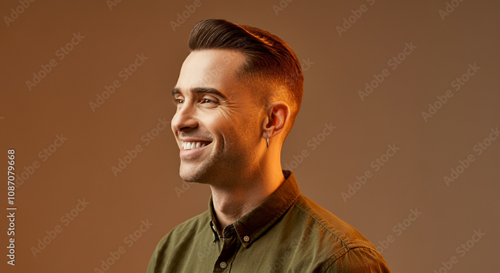 Obraz premium A smiling man wearing a small hoop earring for lifestyle and having short hair