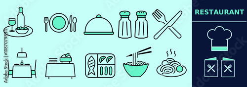 Restaurant LINE icon set for logo, marketing, digital work. Table, plates and cutlery, bowls with food, wine glass, salt and pepper, fish, menu and others. Editable elements, size and color.