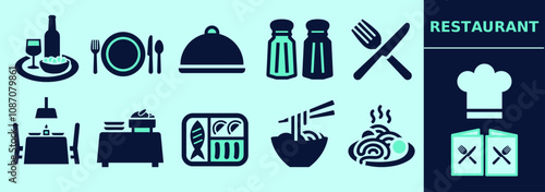 Restaurant SOLID icon set for logo, marketing, digital work. Table, plates and cutlery, bowls with food, wine glass, salt and pepper, fish, menu and others. Editable elements, size and color.