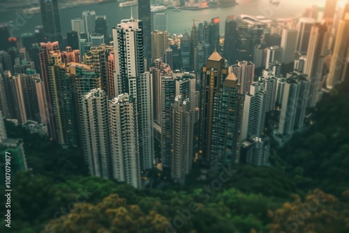 Abstract blurred cityscape at dusk with glowing skyscrapers and bokeh lights..