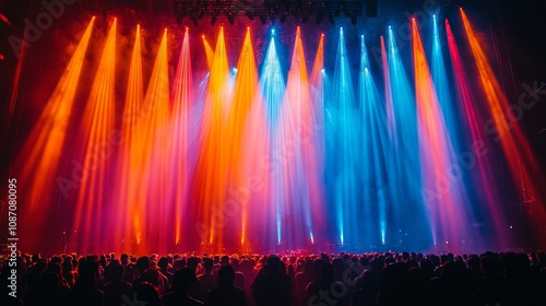 Illuminated Stage Splendor, a vibrant display of colorful lights creating an elegant, dramatic atmosphere, enhancing the stage's luxurious allure photo