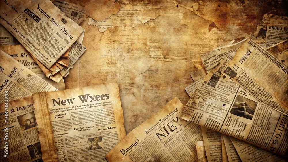 Obraz premium Vintage Craft Paper Texture Grunge Vignette of Old Newspaper Abstract Art Background Design with Copy Space for Text, Featuring Torn Page Sheet with Recycled Material