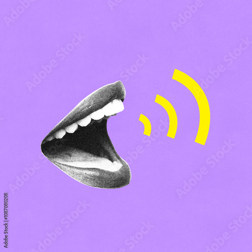 Contemporary art collage. Black and white wide-open mouth on purple background with yellow sound waves emanating outward. Concept of voice as physical sound and expression. photo