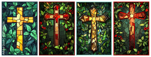 Cross and foliage background set. Religious themes poster. Christian cross with frame backdrop. Church temple window decoration. God faith hope spirituality symbol. Stained glass style vector