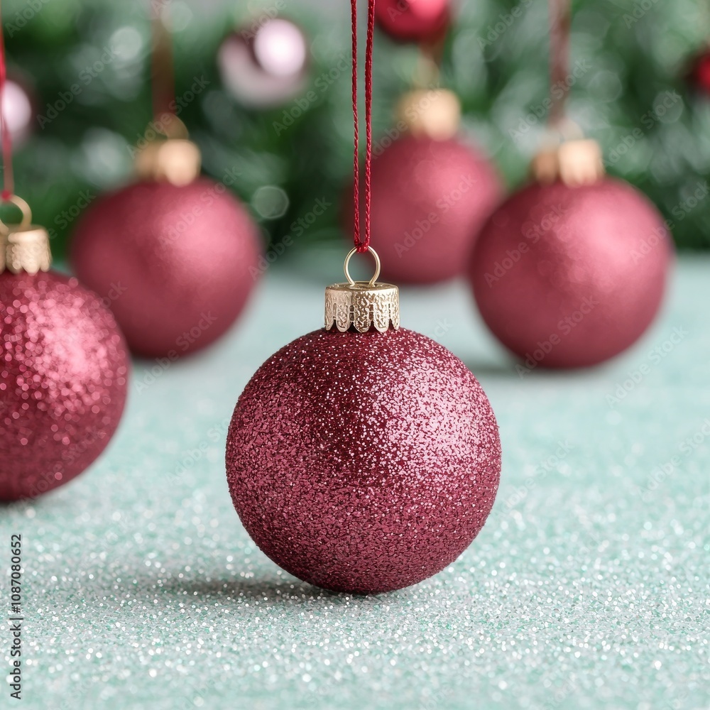Five red glitter Christmas ornaments on teal surface. Five red glitter Christmas ornaments on teal surface.
