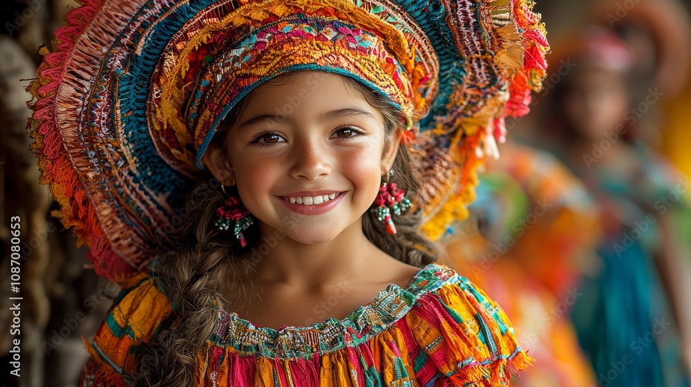 Young girl in traditional colorful attire with a vibrant hat Young girl in traditional colorful attire with a vibrant hat