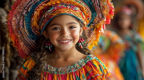 Young girl in traditional colorful attire with a vibrant hat