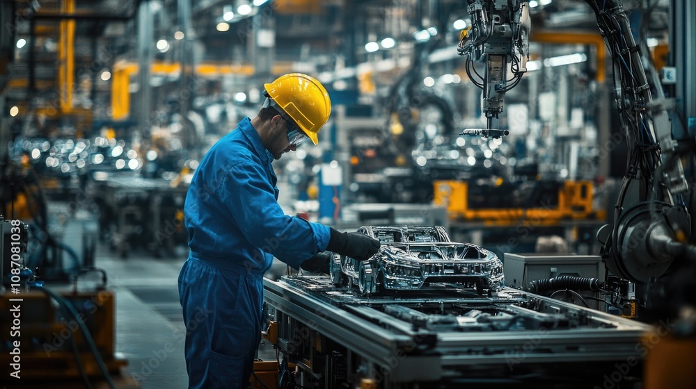 Factory Worker Inspecting Car Chassis During Assembly Factory Worker Inspecting Car Chassis During Assembly