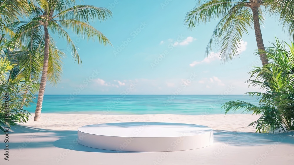 Serene Tropical Beach Scene with a Round White Platform Surrounded by Lush Palm Trees against a Calm Ocean and Clear Blue Sky for Relaxation and Inspiration Serene Tropical Beach Scene with a Round White Platform Surrounded by Lush Palm Trees against a Calm Ocean and Clear Blue Sky for Relaxation and Inspiration