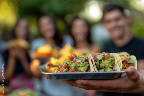 Freshly made tacos topped with guacamole and salsa at a street market