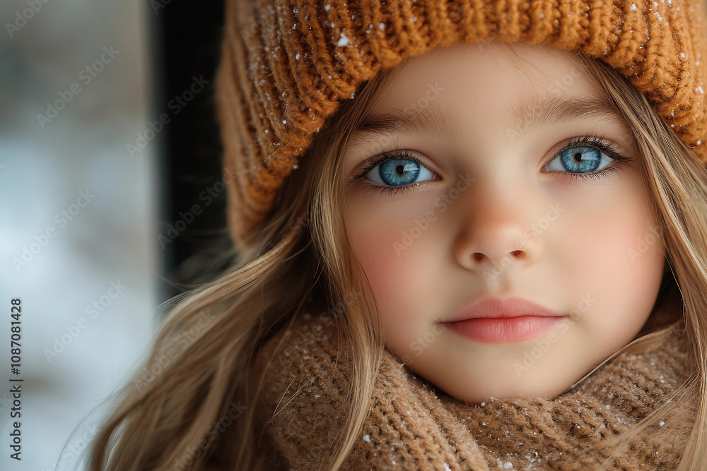 Generative AI image of a child with blue eyes waiting for Christmas gifts, surrounded by festive lights and holiday anticipation Generative AI image of a child with blue eyes waiting for Christmas gifts, surrounded by festive lights and holiday anticipation