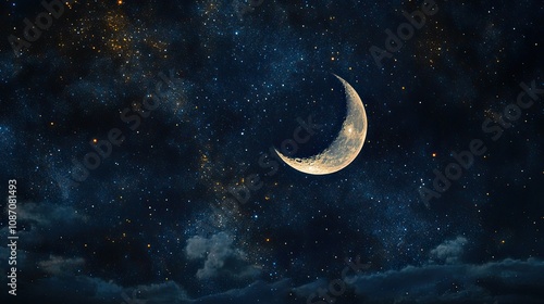 Starry night sky with a bright crescent moon glowing