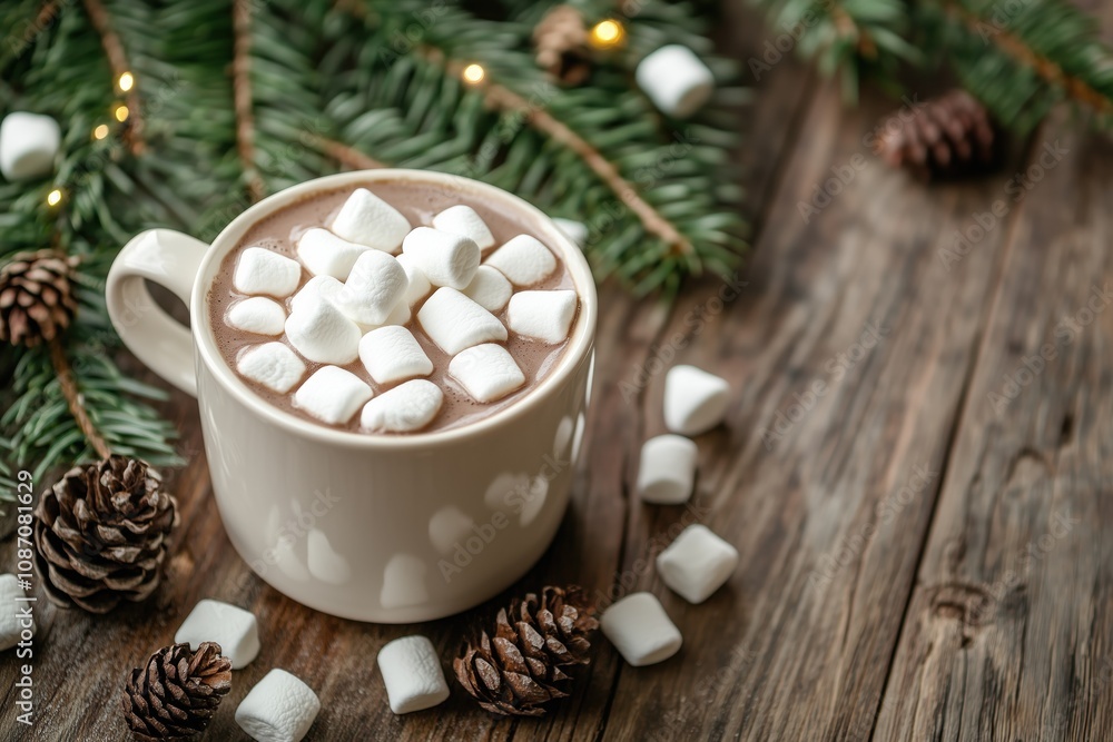 cup of hot chocolate with marshmallows on the table, surrounded by pine cones and Christmas decorations, against an old wooden background with copy space. Cozy winter atmosphere concept. cup of hot chocolate with marshmallows on the table, surrounded by pine cones and Christmas decorations, against an old wooden background with copy space. Cozy winter atmosphere concept.