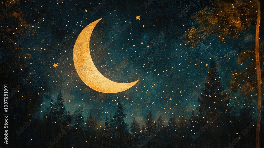 Naklejka premium Starry night sky with a bright crescent moon glowing