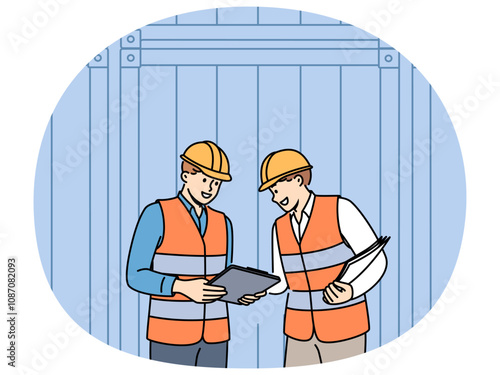 Men work in industrial field and stand near sea shipping containers discussing logistics or storage cargo. Teamwork of transport company employees dressed in industrial uniforms and hardhat