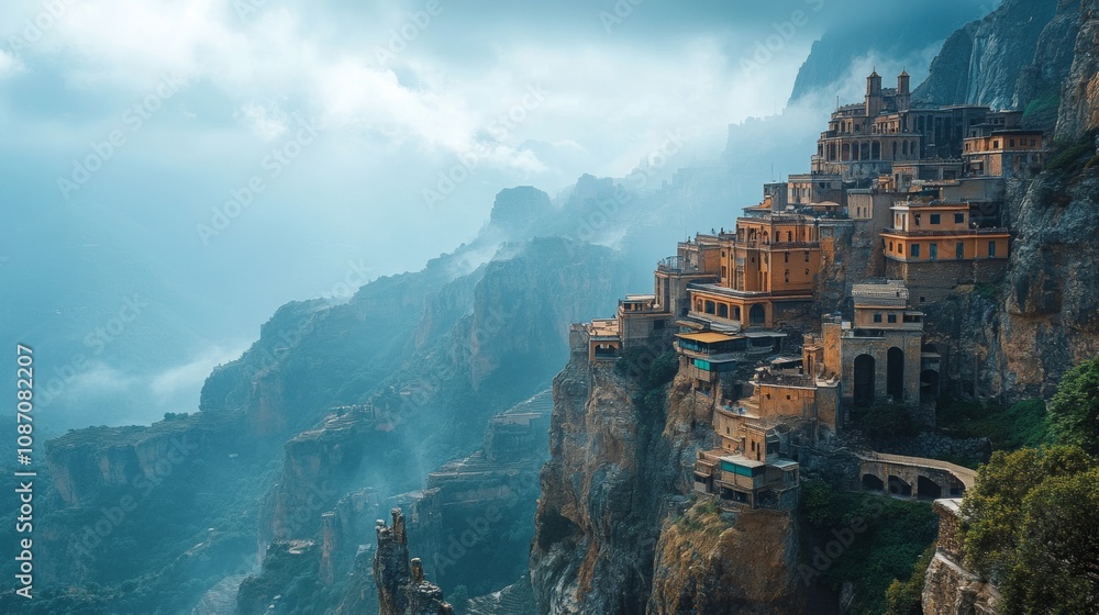 Naklejka premium Mountain Range Architecture, towering structures seamlessly integrated with rugged cliffs, showcasing the harmony between nature and human ingenuity.