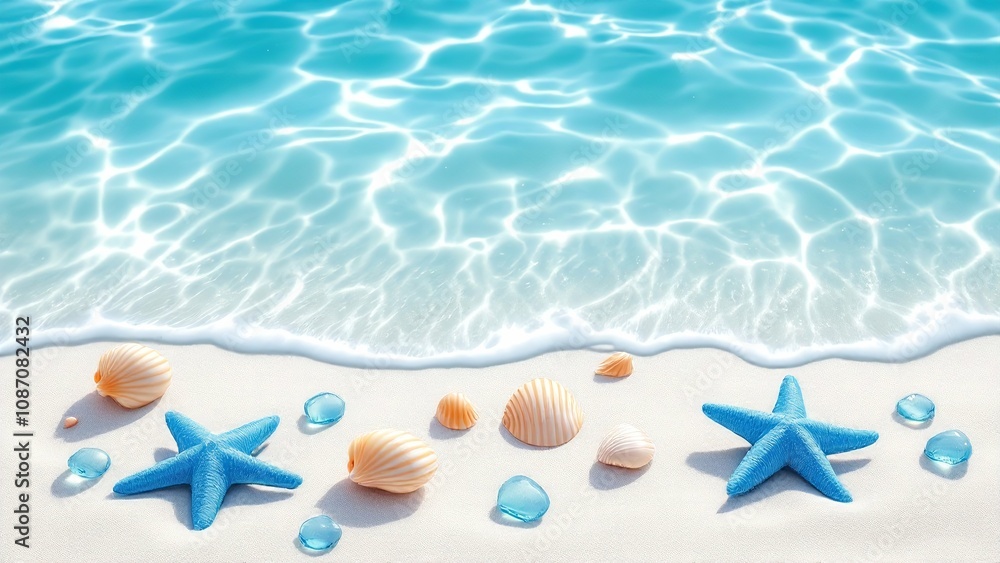 Tropical Beach with Blue Starfish and Seashells on White Sand, Clear Blue Water, Digital Illustration pc, laptop wallpaper Tropical Beach with Blue Starfish and Seashells on White Sand, Clear Blue Water, Digital Illustration pc, laptop wallpaper