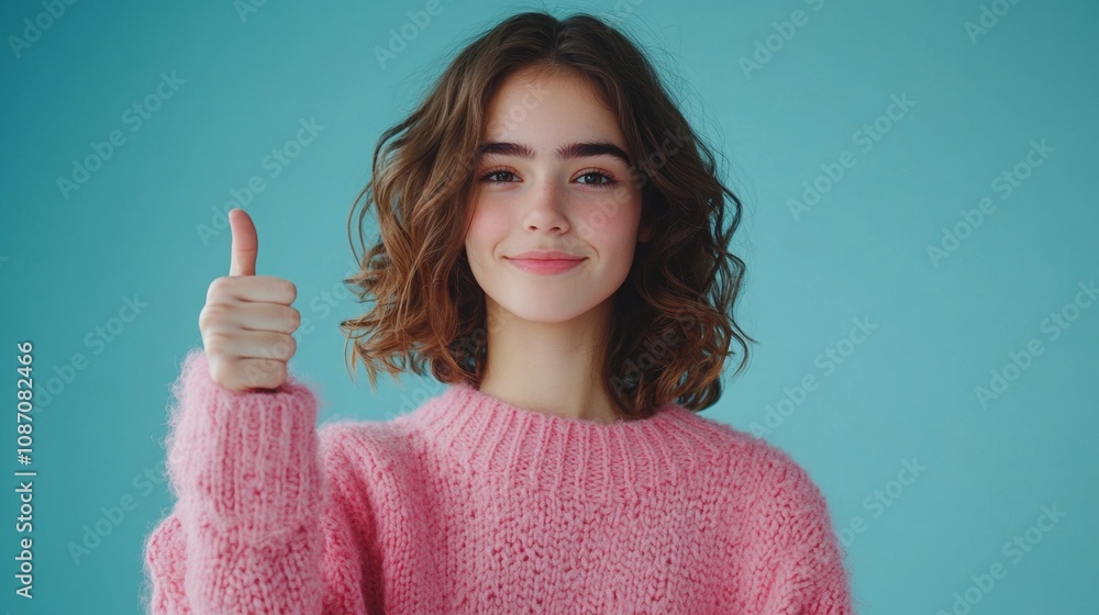Young woman in pink sweater giving thumbs up against solid blue background, vibrant colors, clear space for text, cheerful expression Young woman in pink sweater giving thumbs up against solid blue background, vibrant colors, clear space for text, cheerful expression