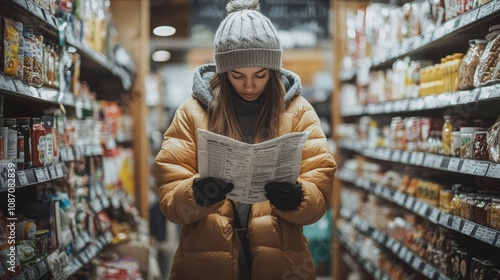 Mindful Shopping, individual examining nutrition labels with focus and intention, grocery store environment, promoting healthy choices and awareness