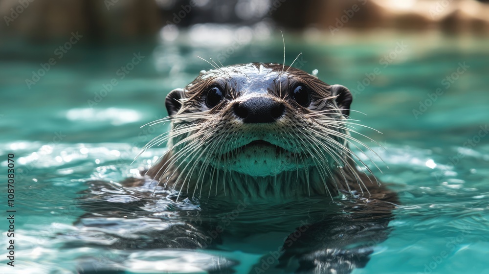 Fototapeta premium Curious Otter Swimming in Blue Water