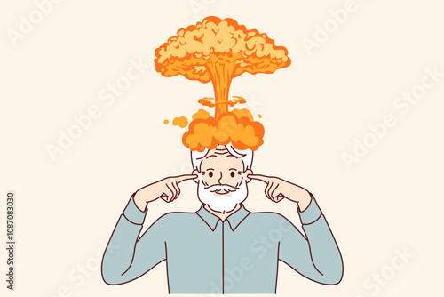 Explosion of brain in elderly man who has experienced severe strain on intellect and covers ears with fingers. Brain explosion symbolizes receiving shocking information that can drive person crazy