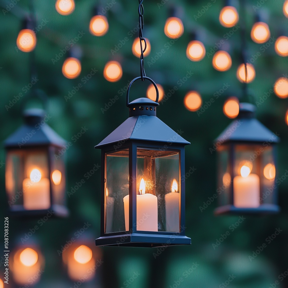 Hanging lanterns with candles, illuminated at night. Hanging lanterns with candles, illuminated at night.