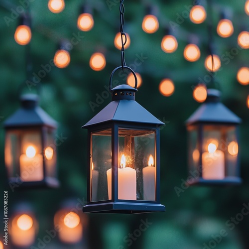 Hanging lanterns with candles, illuminated at night.