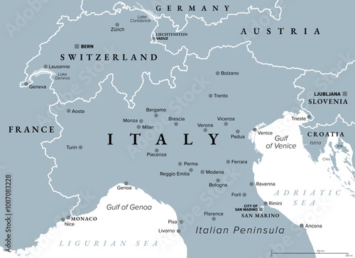 Northern Italy, gray political map. Geographical and cultural region in the northern part of Italy, a country in Europe. With international borders, and most important and largest cities. Illustration