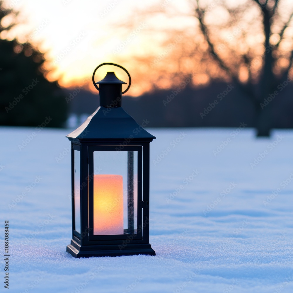 Illuminated lantern in snowy landscape at sunset. (1) Illuminated lantern in snowy landscape at sunset. (1)
