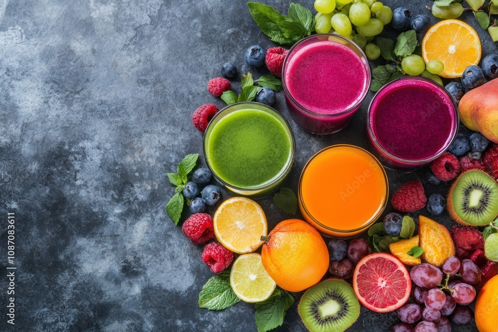 Fresh Juices and Fruits on Rustic Background