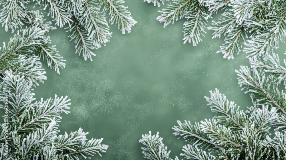 christmas frame with green snowy pine branch against green background christmas frame with green snowy pine branch against green background
